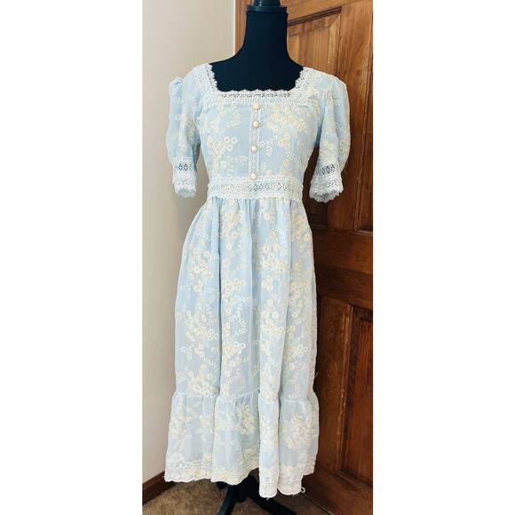 Vtg QYS Fashion Blue White Lace Floral Dress Large Modest Cottage Prairie READ - Picture 6 of 13